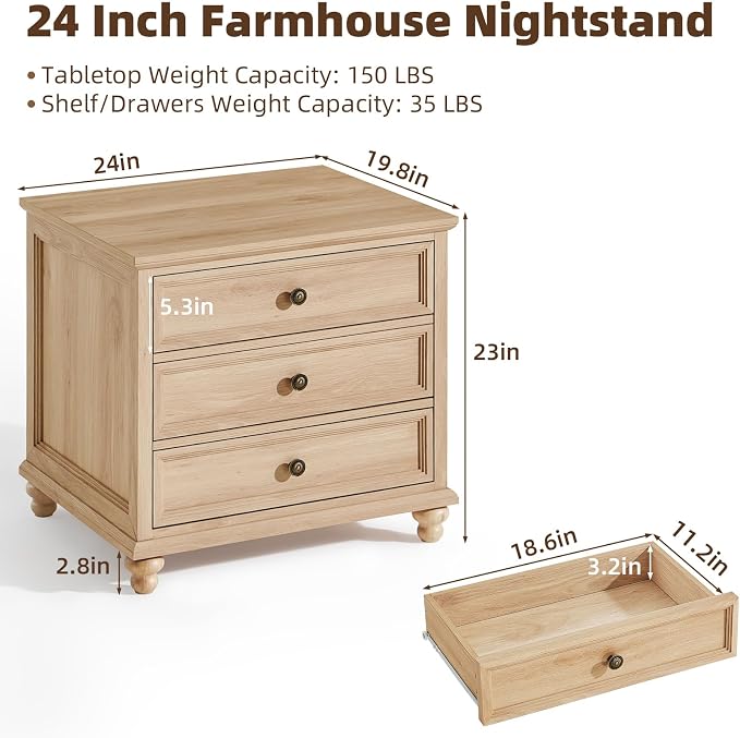 Joaxswe 24" Wide Farmhouse Night Stand, Large End Table - Image 2