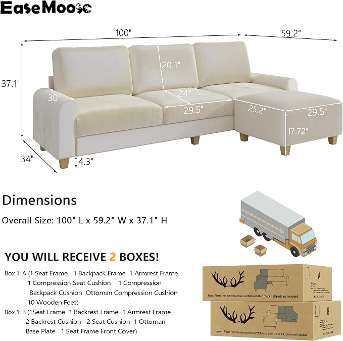 EASE MOOSE Large Seat Velvet L-Shaped Sofa, Soft 4 Seat Couch - Image 2