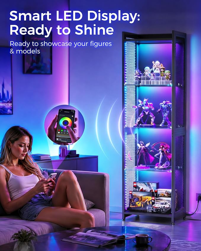 AODK Display Case with LED Lights, Display Cabinet with Open Glass Shelves - Image 3
