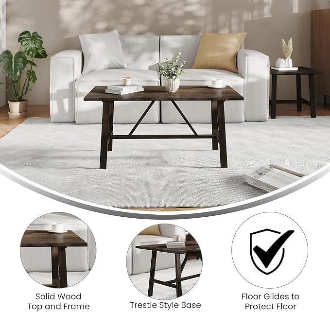 Flash Furniture Eli Farmhouse Trestle Coffee Table, Rustic Solid Wood Coffee - Image 4
