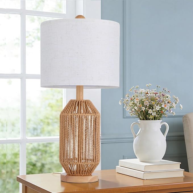21" Boho Rattan Table Lamps Set of 2, Farmhouse Bedside Nightstand Lamps - Image 5