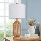 21" Boho Rattan Table Lamps Set of 2, Farmhouse Bedside Nightstand Lamps - Image 5
