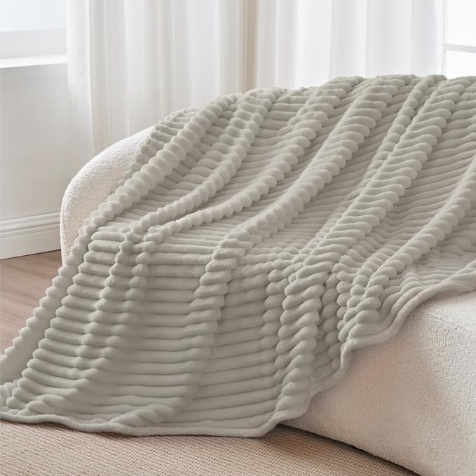BEDELITE Striped Fleece Throw Blanket, Light Grey, Soft Cozy, Lightweight Warm - Image 8