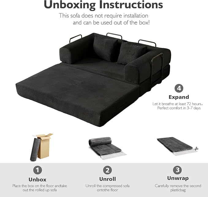59in Convertible Sofa Bed, Corduroy Boneless Couch Bed, Futon Sleeper Sofa Pull - Image 4