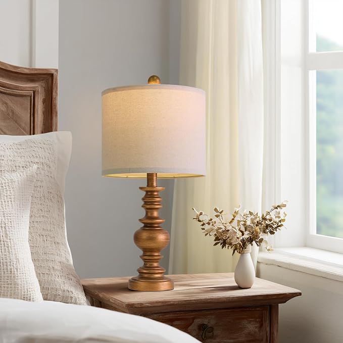 BOBOMOMO 20" Antique Gold Table Lamps Set of 2 – Handcrafted Vintage Bedside - Image 2