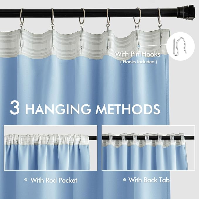 MIULEE Sky Blue Back Tab Blackout Curtains 52x96 Inch Long 2 Panels Set | Rod - Image 3