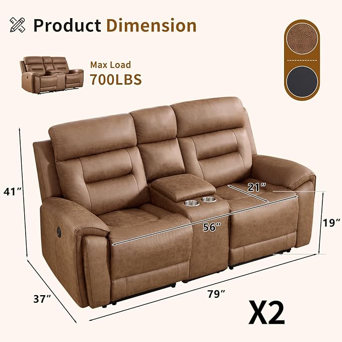 ANJ Oversized Power Reclining Loveseat Sofa Set of 2 - Image 2