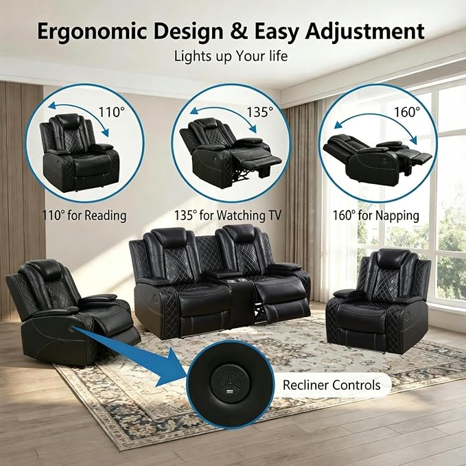 Power Recliner Sofa Set with LED Lights, Includes 2 Manual Recliner 1 Seat and - Image 2