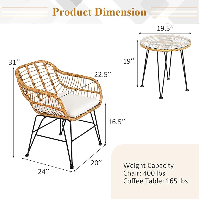 Tangkula 3 Pieces Patio Bistro Set, Rattan Conversation Set - Image 5