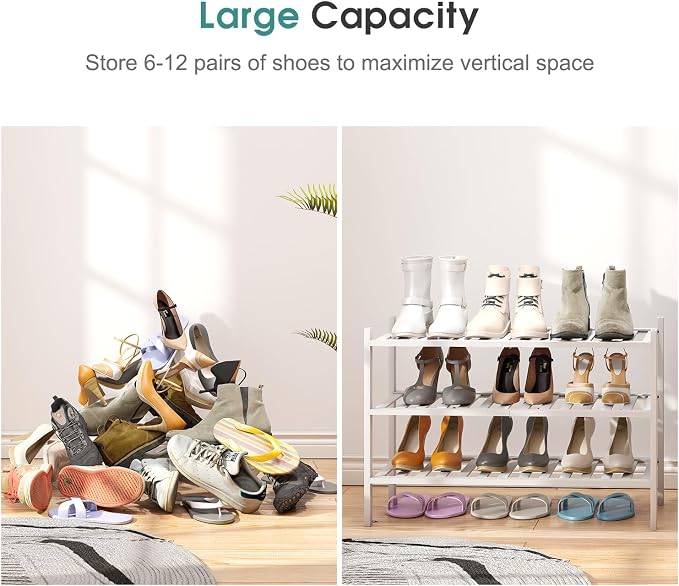 viewcare White Shoe Rack, 3-Tier Bamboo Wood Shoe Rack - Image 5