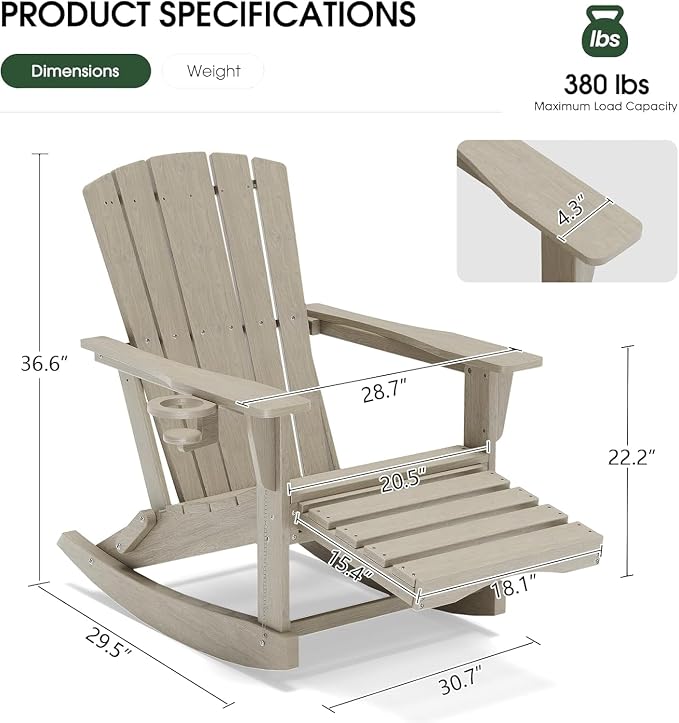 Adirondack Rocking Chair with Retractable Ottoman, Outdoor Folding Adirondack - Image 3