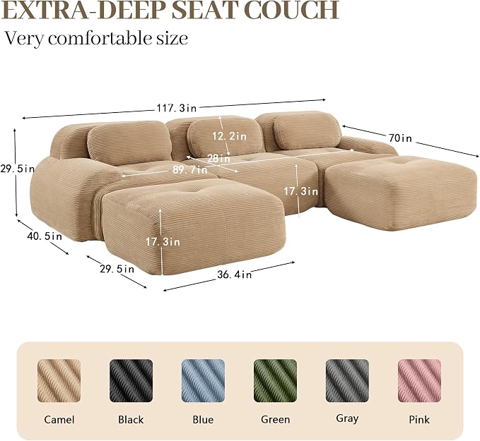 Boneless Sectional Couch, No Assembly Required, 117.3” U Shaped Modular Cloud - Image 3