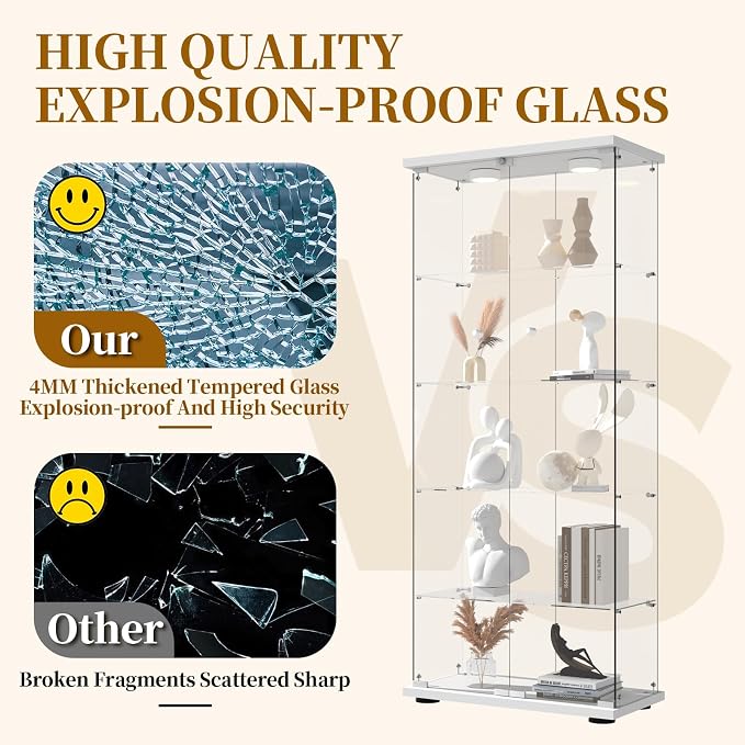 Display Cabinet with Glass Door and Lock, LED Lights 5-Shelf Curio Cabinets - Image 5