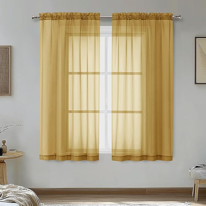 Gold Sheer Curtains 54 Inches Long 2 Panels by OVZME