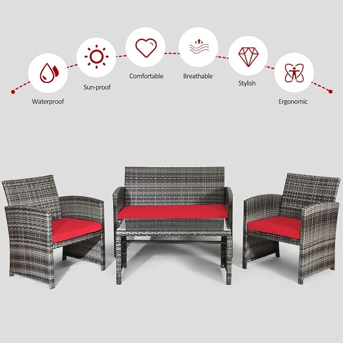 Tangkula 4 PCS Wicker Patio Conversation Set, Outdoor Rattan Sofas - Image 9