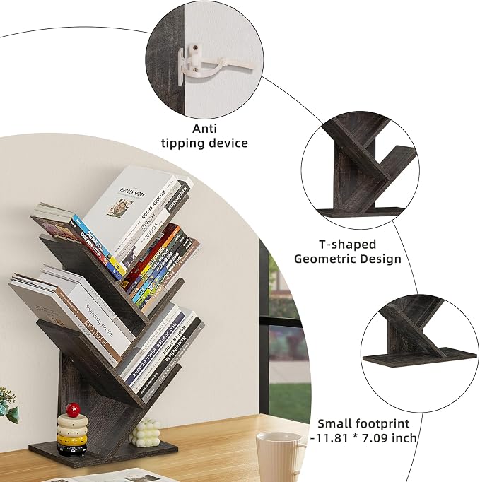 SHEEPAM 5 Tier Tree Book Shelf, Small Desktop Bookshelf - Image 4