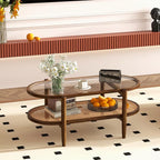 Giantex Rattan Coffee Table, 2-Tier Oval Acacia Wood Tea Table w/Tempered Glass - Image 7