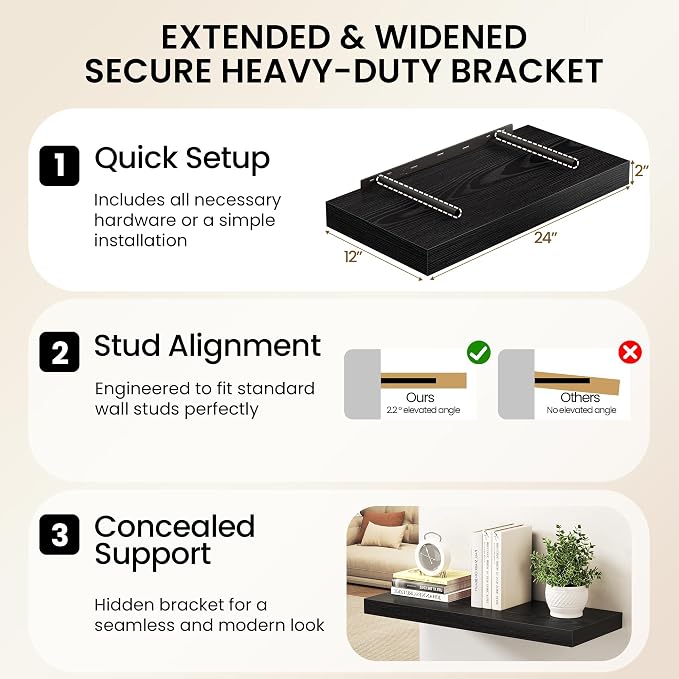 Black Floating Shelves 55Inch Long, 12 Inch Deep Floating Shelves - Image 6