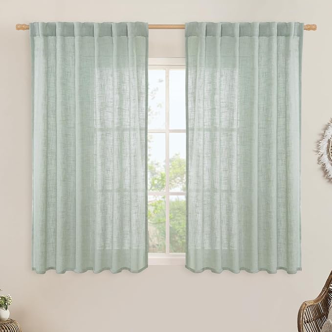 Semi Sheer Linen Curtains 54 Inch Length 2 Panels, 52 x 54 Inch | Light Sage by LAMIT