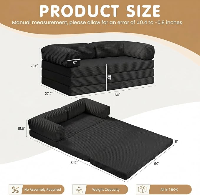 JUIKURY Foldable Convertible Sofa Bed, Tri-Fold Floor Couch Sleeper Sofa - Image 2