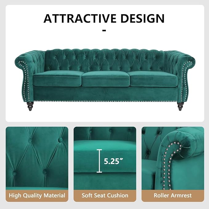 Mid-Century 3 Seater Sofa, Velvet Couch - Image 5