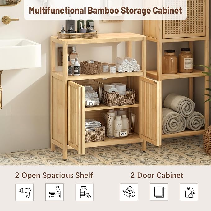 Bamboo Storage Cabinet Bathroom Floor Cabinet Side Storage Organizer Cabinet - Image 3