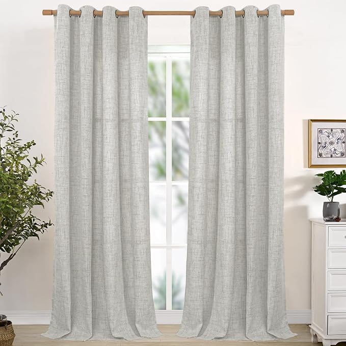 Extra Long Grey Linen Semi Sheer Curtains 102 Inch Length 2 Panels | Light by YoungsTex