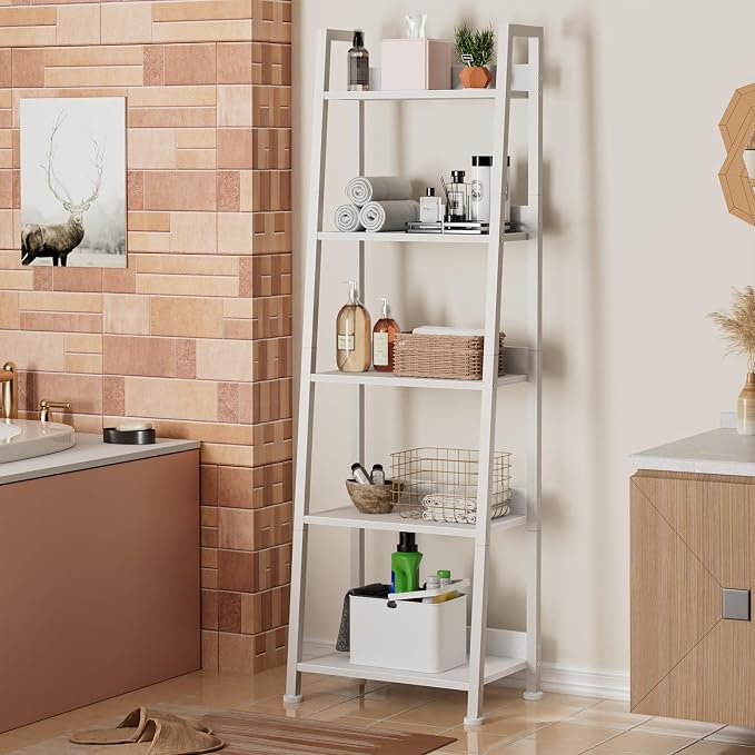 Furologee 5-Tier White Ladder Shelf, Ladder Bookshelf - Image 7