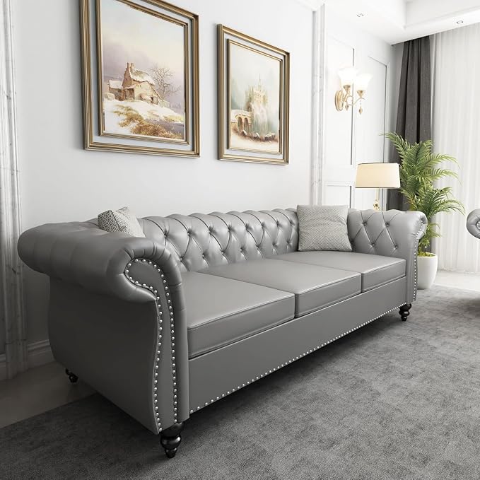 Mid-Century 3 Seater Sofa, Faux Leather Couch - Image 6