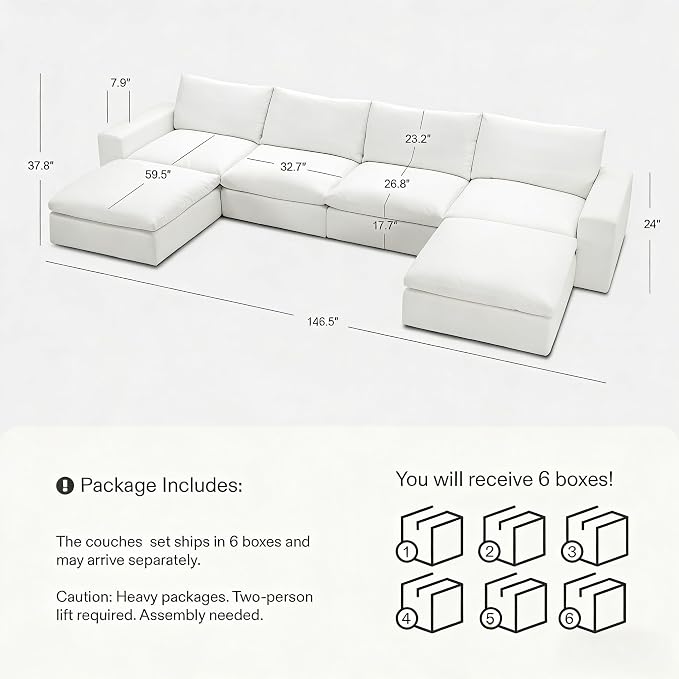 Cloud Couch Sectional 146.5'' Oversized Modular Deep Seat Sofa U Shaped Comfy - Image 2