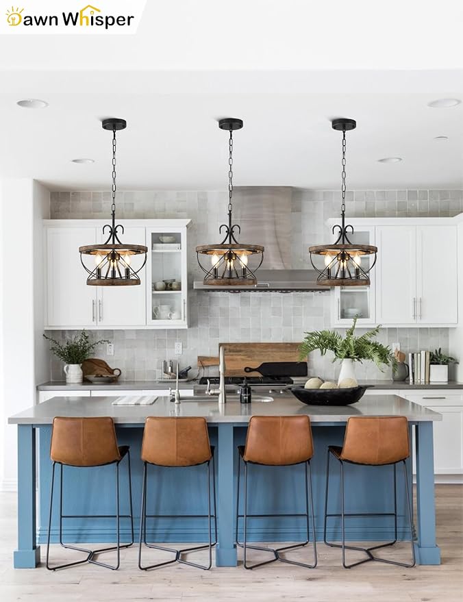12.9 Inch Farmhouse Chandelier for Dining Room Wood Drum Chandelier Light - Image 2