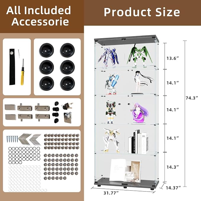 Display Cabinet with Glass Door and Lock, 5-Shelf Curio Cabinets with 5mm - Image 2