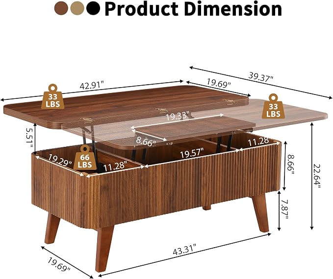 3 in 1 Lift Top Coffee Table, Fluted Convertible Coffee Tables Converts to - Image 2