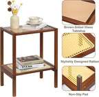 2-Tier Bamboo Side Table, Modern Glasstop Rattan Side Table, Mid Century Wood - Image 3