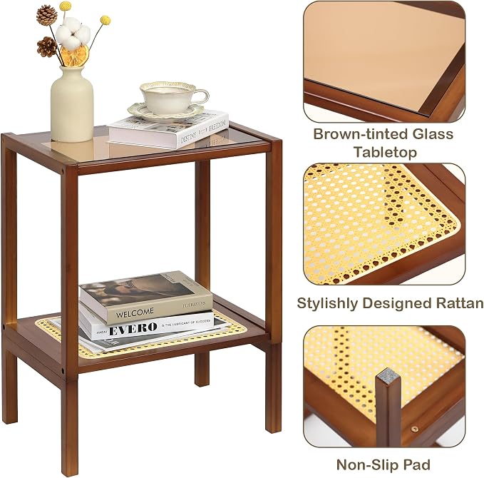 2-Tier Bamboo Side Table, Modern Glasstop Rattan Side Table, Mid Century Wood - Image 3