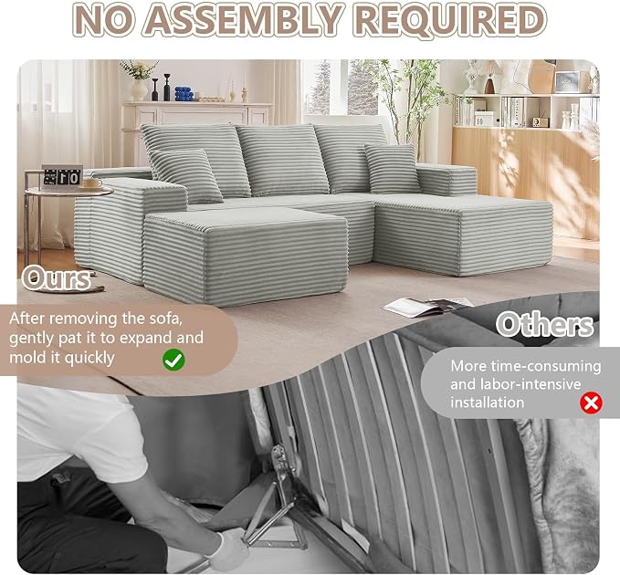 107" Comfy U-Shaped Sectional Modern Boneless Corduroy Couch - Image 7