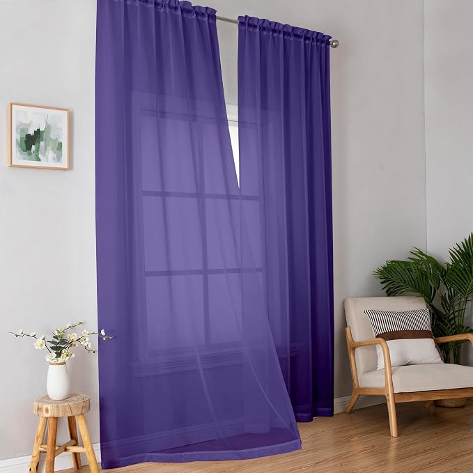 Purple Sheer Curtains, Sheer Curtains 84 inch Length 2 Panels Set, Rod Pocket - Image 2