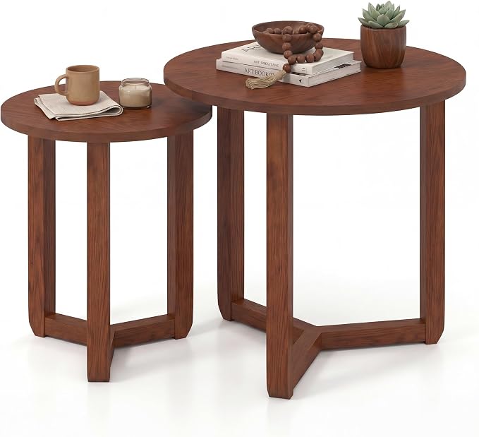 Tangkula Round Nesting Coffee Table Set of 2, Farmhouse End Tables - Image 9