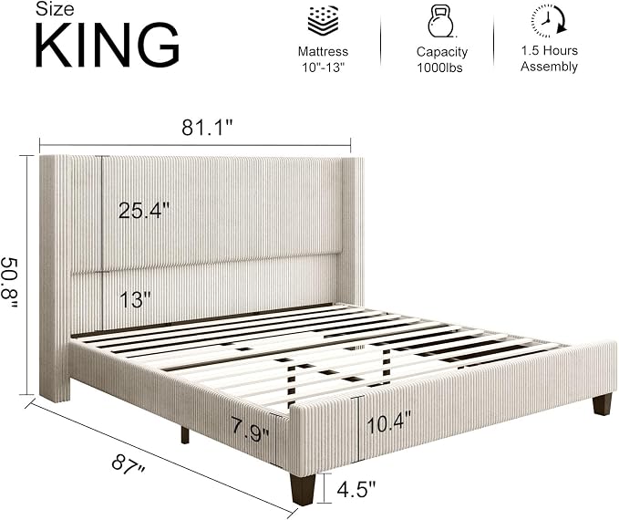 HOWE King Size Bed Frame with 50.8" Tall Wingback Headboard, Modern Corduroy - Image 2