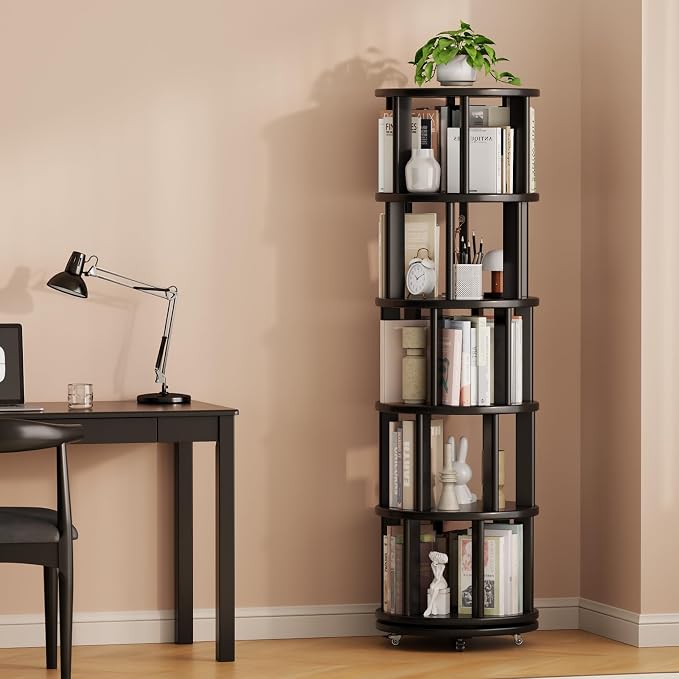 Muwuele Solid Wood Rotating Bookshelf on Wheels, 5 Tier, Round Revolving - Image 9