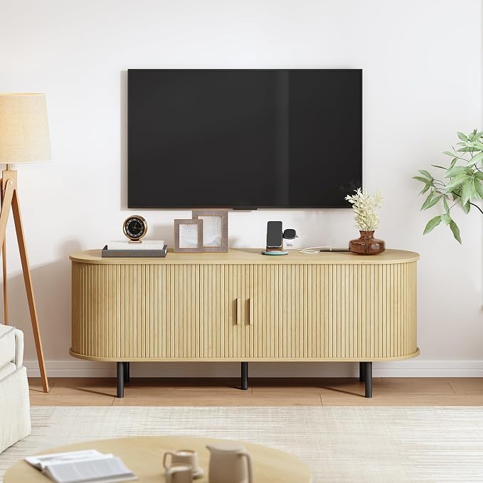 55" TV Stand with Power Outlet, Modern Media Console with Sliding Doors - Image 7