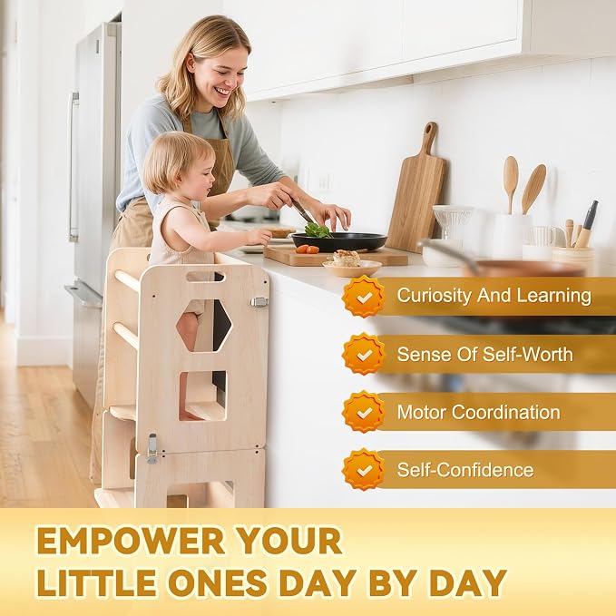 Woodure 3-in-1 Toddler Kitchen Step Stool, Foldable Learning Standing Tower - Image 5