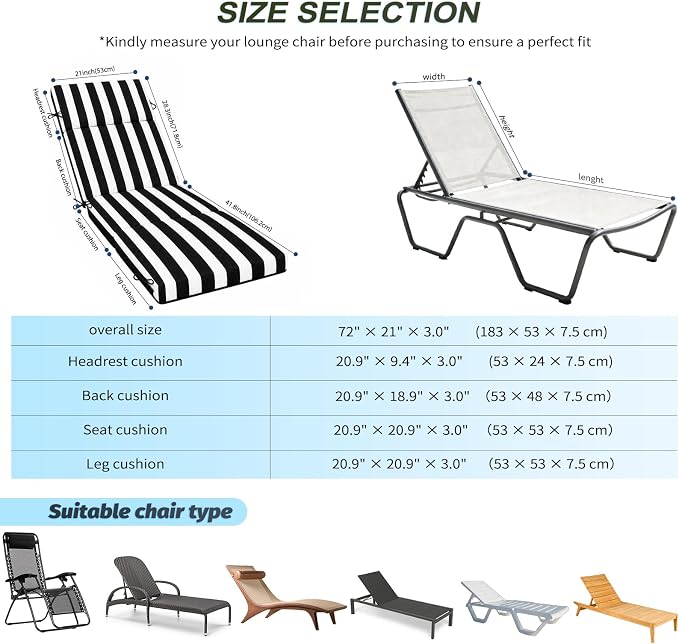 2 Pcs Outdoor Chaise Lounge Cushion 72" x 21" x 3", Folding Patio Lounge Chair - Image 3
