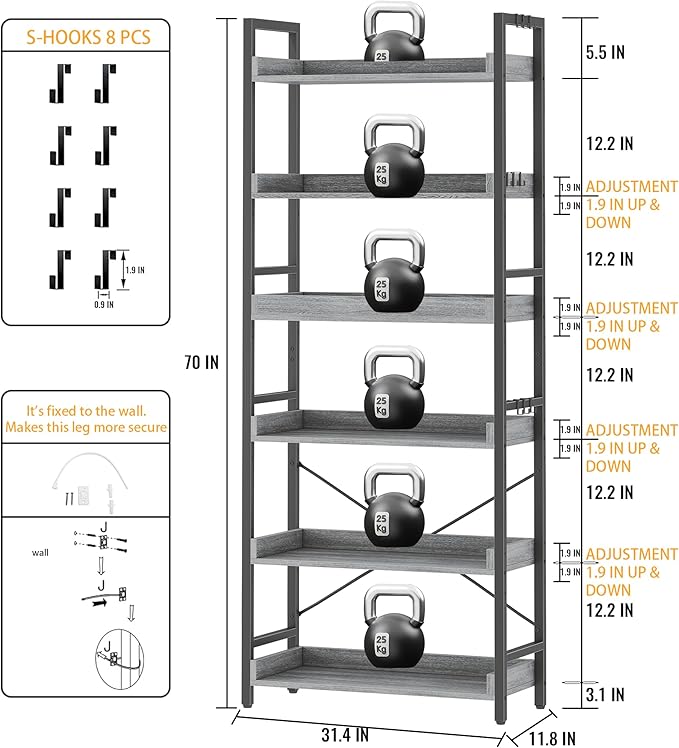 HCHQHS 6 Tier Bookshelf, Adjustable Industrial Bookcase, Vertical Tall Book - Image 3