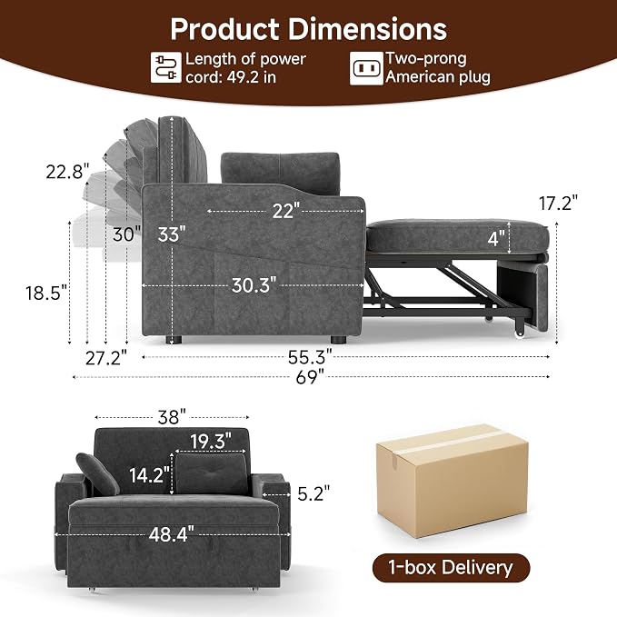 Loveseat Sleeper Sofa, 3-in-1 Convertible Sofa Bed, Pull Out Couch - Image 2