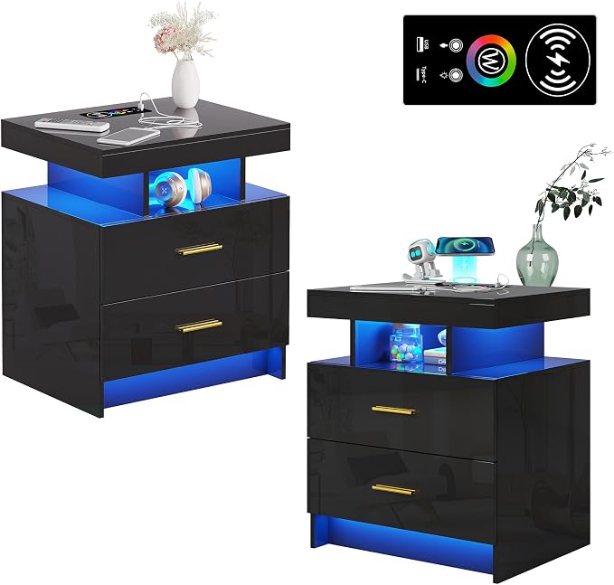 HNEBC Nightstand Set of 2 with Charging Station, Auto LED Night Stand with - Image 10