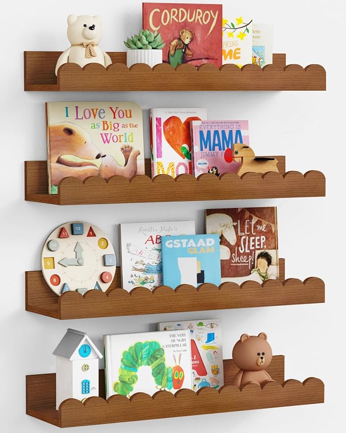 Harwaya Walnut Nursery Book Shelves Wall Set of 4, Dark Wood Scalloped Floating by Harwaya