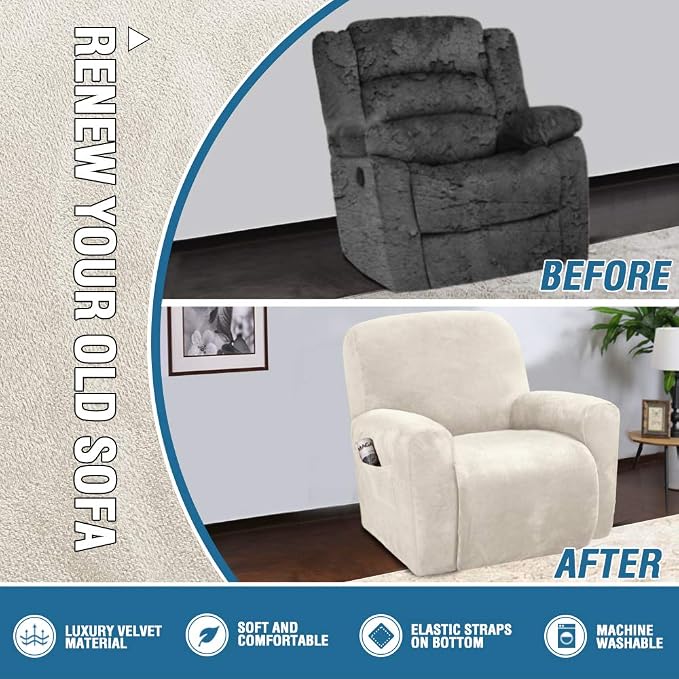 H.VERSAILTEX Velvet Stretch Recliner Couch Covers 4-Pieces Style Recliner Chair - Image 5