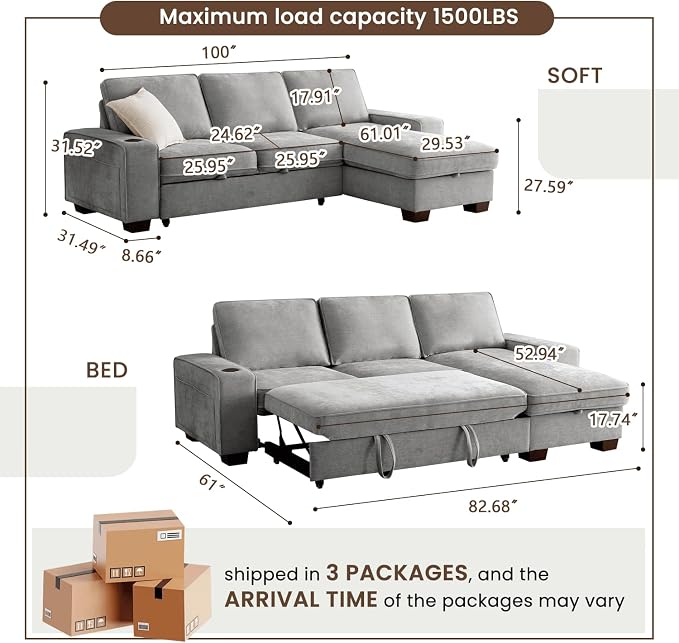 99" Convertible Sleeper Sofa Bed, L Shaped - Image 3