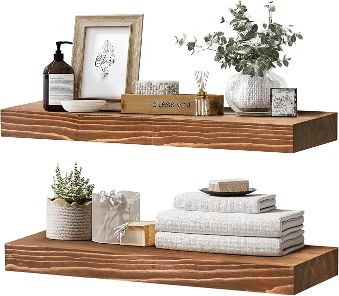 24x8x1.6 inch Floating Shelves Set of 2 – Solid Wood Rustic Brown Wall Mounted by YLYHSST